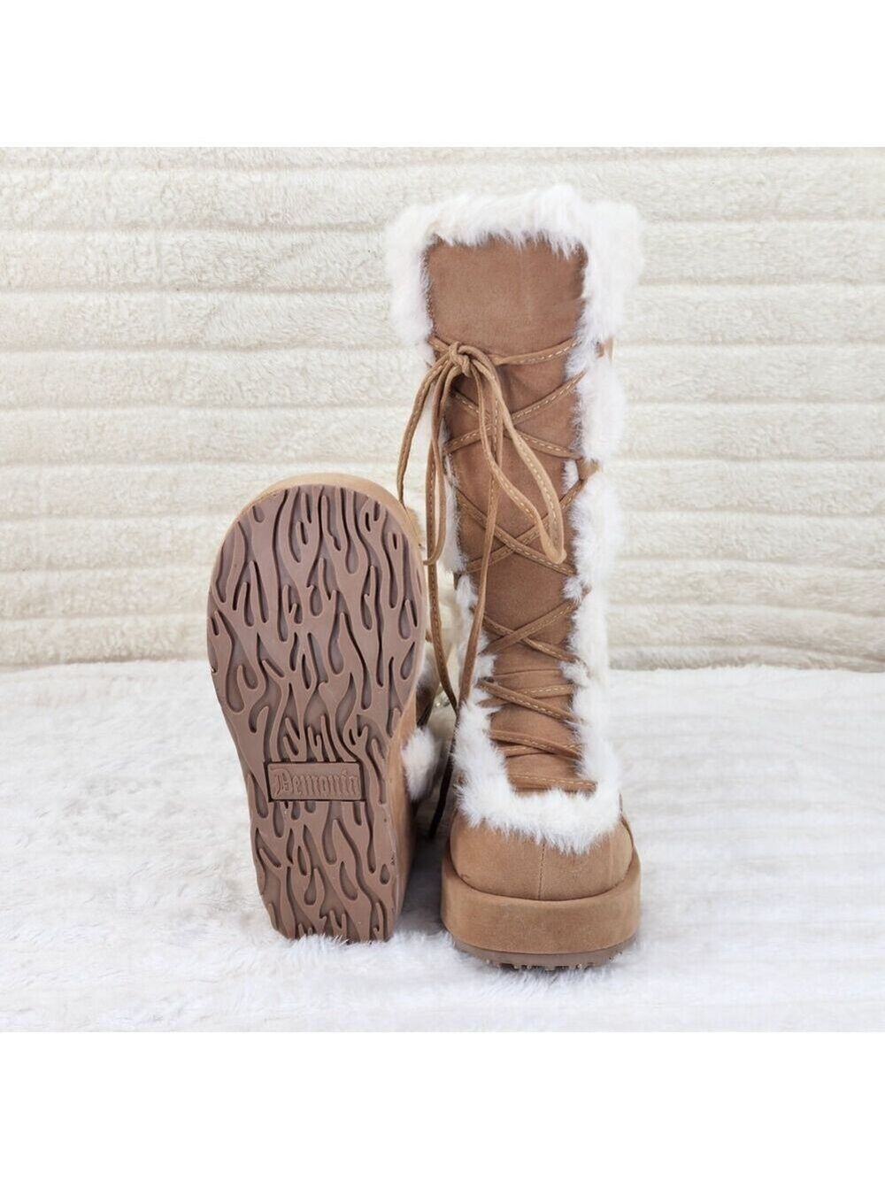 NIB DEMONIA Cubby 311 Stomper Tan Mammoth Platform Goth Punk Knee Boots NY - Picture 10 of 11
